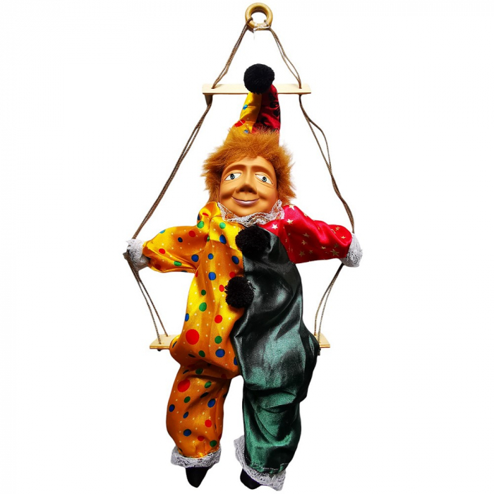 Große Marionette auf Schaukel KASPERL Kasper mit Porzellan Kopf Glanzsatin 58 cm gelb/grün/rot